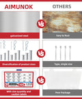 Comparison chart showing AIMUNOK galvanized steel, diverse pin sizes, clear labeled packaging vs. competitors' rust, single size, and poor packaging.