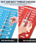 Close-up of Nut And Bolt Size Finder And Thread Checker Kit With 62 Thread Sizes, 25 Metric And 25 SAE Gauges, hand holding bolt.