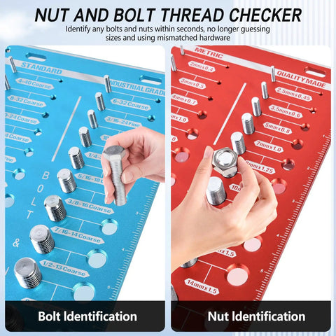 Close-up of Nut And Bolt Size Finder And Thread Checker Kit With 62 Thread Sizes, 25 Metric And 25 SAE Gauges, hand holding bolt.