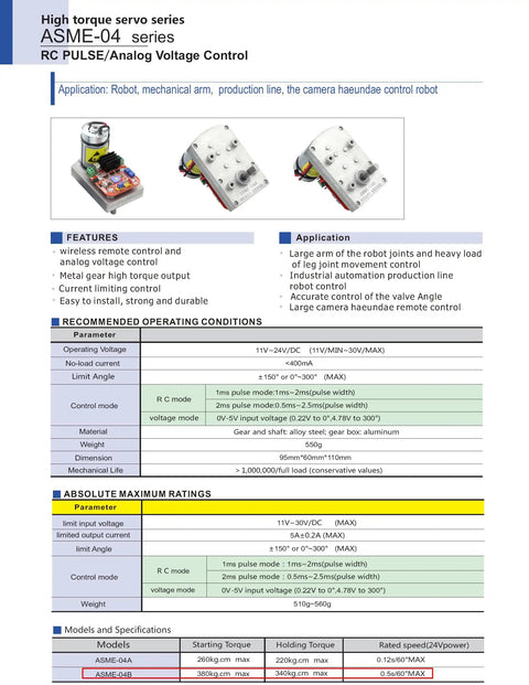 Beefy Torque RC Servo With 380 Kgcm Power, 300 Degree Steering Range, DC 12 24V Operation specs and features sheet.