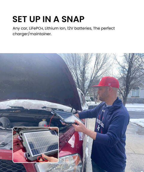 Person using Upgraded 7.5W 12V Solar Battery Trickle Charger And Maintainer Kit With Smart Controller on car battery outdoors