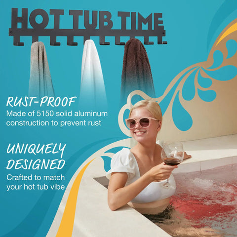 Rugged Outdoor Towel Rack For Hot Tub And Mudroom, Rustproof Aluminum Towel Hooks with two towels and woman holding wine.