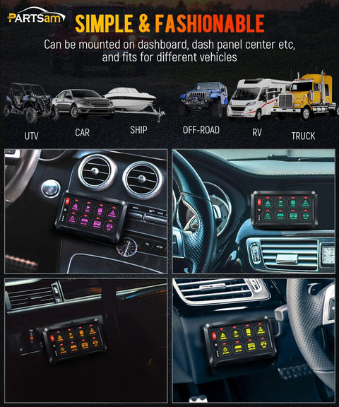Dashboard view of Five Point Five Inch RGB Eight Gang Switch Panel With Pro Grade 3 Silicone Buttons And Memory Function