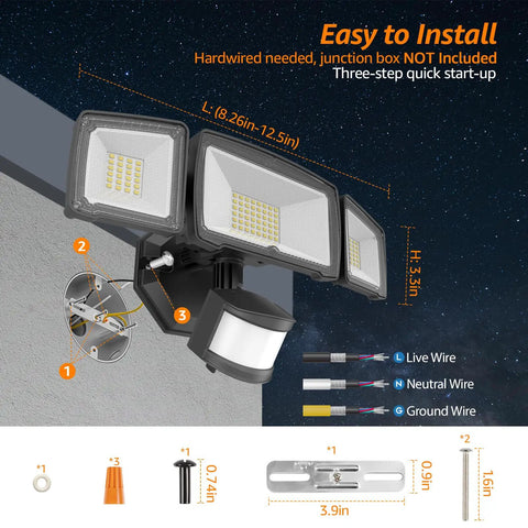 Motion Sensor Outdoor Flood Light With Three Adjustable Heads mounted on wall, wiring components visible, IP65 Waterproof LED Security Floodlight