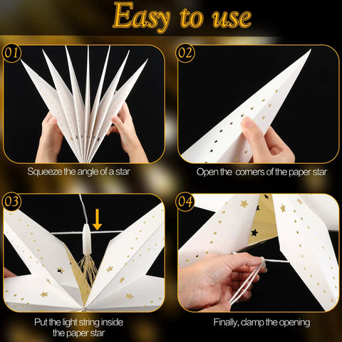Assembly steps for Two Pack 24 Inch Paper Star Lanterns With 50 LED Fairy String Lights Eight Modes Seven Pointed Hollow Star
