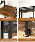 Top Shelf Five Tier Coffee Station Cart With Slick Rolling Wheels And Ample Cabinet Space Plus Sturdy Mounts For Single Serve Packs And Spacious Racks Built For Your Daily Grind Home Bar Display Or Cozy Kitchen Area closeup of waterproof wood and lockable wheels.