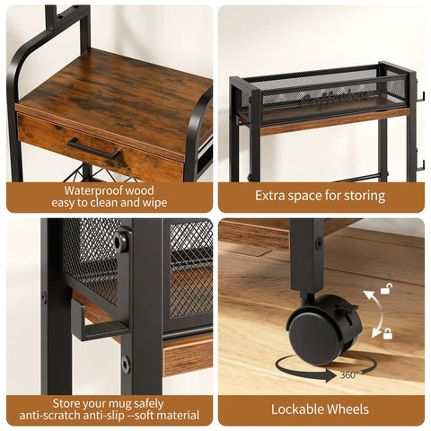 Top Shelf Five Tier Coffee Station Cart With Slick Rolling Wheels And Ample Cabinet Space Plus Sturdy Mounts For Single Serve Packs And Spacious Racks Built For Your Daily Grind Home Bar Display Or Cozy Kitchen Area closeup of waterproof wood and lockable wheels.