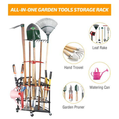 Rolling Garden Tool Organizer With Wheels And Storage Hooks, Corner Tool Rack For Shed Or Garage, Powder Coated Steel Black, Heavy Duty Trolley Keeps Rakes Pruners Trowels Brooms And Other Gear Handy