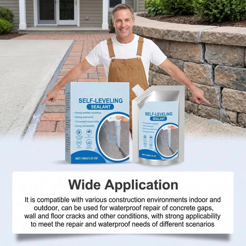 Slick Self Leveling Concrete Crack Filler With Heavy Duty Waterproof Sealant For Walls Floors And Driveways Zero Mess Top Shelf Moisture Blocking Joint Repair Compound beside man pointing at concrete crack.