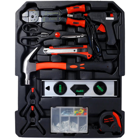 Complete 899 Piece Home Repair Tool Set With Rolling 4 Drawer Toolbox Case In Silver Finish Pro Grade Hand Tools organized in tray