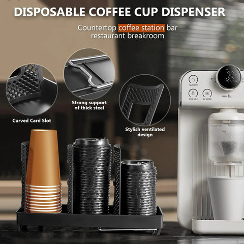 Image of a three slot upright paper cup and lid dispenser with 3 oz to 16 oz cups in black, next to a coffee machine.