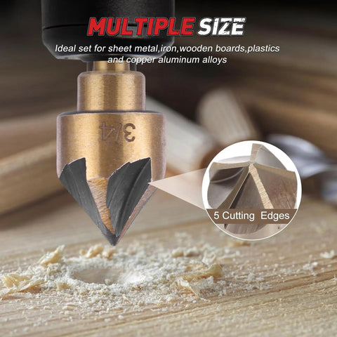Close-up of Heavy Duty Step Drill Bit Set With Countersink Bits Titanium Coated HSS 50 Hole Sizes Aluminum Case DIY Metalworking Kit making a hole in wood surface.