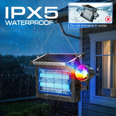 Outdoor Bug Zapper With Projector Lights For Patio And Garden 4500V Waterproof Mosquito Killer Dual Solar And USB Rechargeable Smart Dusk To Dawn Cordless Bug Killer For Backyard And Camping shown hanging outdoors in rain.