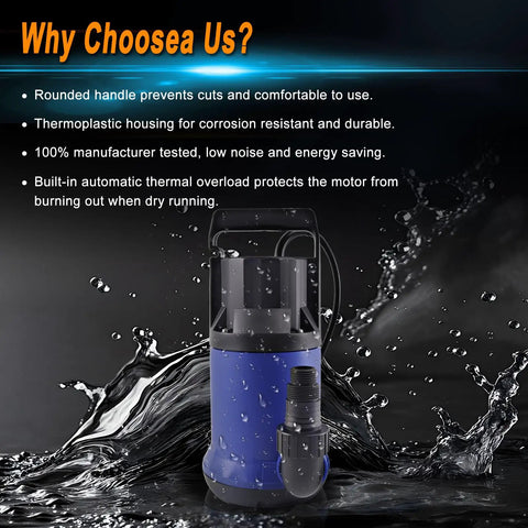 Heavy Duty Submersible Sump Pump with thermoplastic housing for durability and safety, designed for high-capacity drainage.