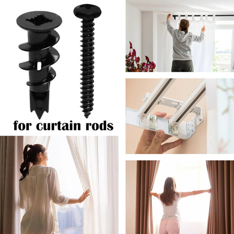 Image of Fifty Pieces Size 8 Self Drilling Drywall Anchors And Screws Kit For Wall Mounting Includes Twenty Five Heavy Duty Hollow Sheetrock Anchors And Twenty Five One Quarter Inch Screws No Pre Drill Hole Required Holds Up To 75 Lbs with curtain installation scenes.