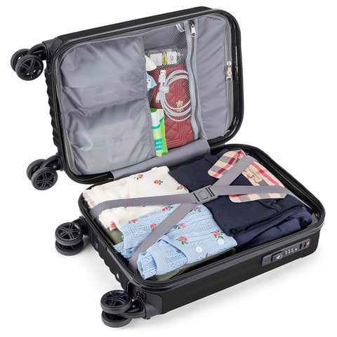 Open view of Underseat Carry On Luggage 18x14x8 Inches Hardside With TSA Lock USB Port Lightweight Removable Silent Wheels Black Travel Bag
