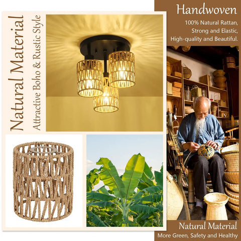 Three Light Boho Rattan Ceiling Fixture With Hand Woven Cage Shade Farmhouse Semi Flush Mount For Bedroom Foyer Entryway Kitchen And Hallway Durable Natural Material Ceiling Light shown lit in a cozy room with hand weaving and natural materials shown in detail