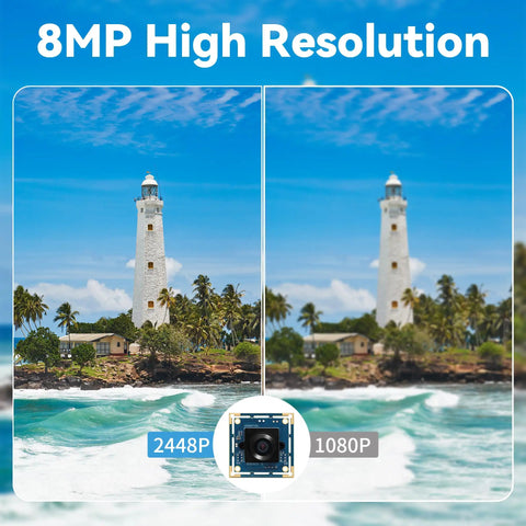 Comparison of 8MP high resolution 2448P vs 1080P capture with 8MP USB Camera Module With 180 Degree Fisheye Lens For Machine Vision And Industrial Automation Ultra Wide Angle Webcam With Wide Field Of View For Linux Windows Android Mac OS Compact Security Web Camera For DIY Projects