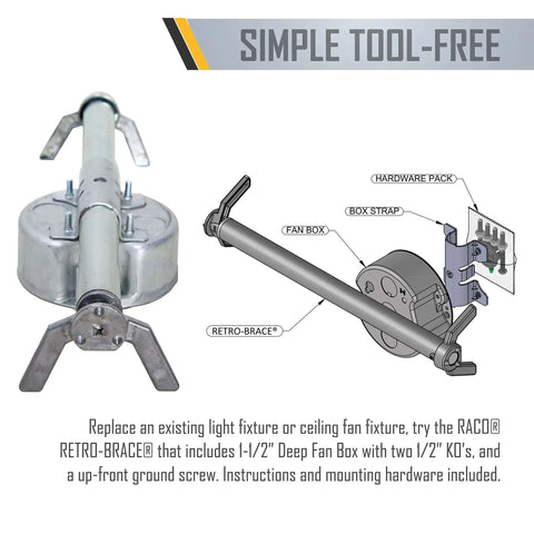 Retro Brace 1.5 Inch Deep Ceiling Fan Box For Old Work Electrical Box With 2.5 Inch Knockouts Adjustable Brace And Mounting Bracket