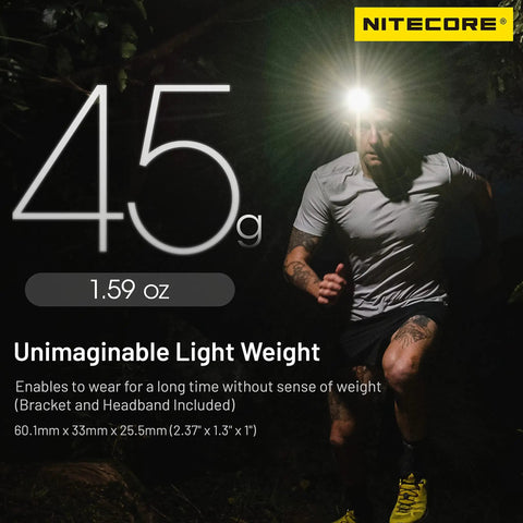 NU25 UL Ultra Light Headlamp With Dual Beam USB C Rechargeable 400 Lumen Output Lightweight Night Hiking Headlight worn by runner at night