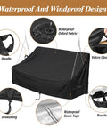 Waterproof Porch Swing Cover For Outdoor Patio Swings Garden Hammock Gliders And Hanging Benches Size 62 By 26 By 15 To 21 Inches Made From 420D Oxford Fabric With Sealed Seams For All Weather Protection And Easy Fit showing waterproof fabric, handle, drawstring, seam tape, buckle, and Velcro closure