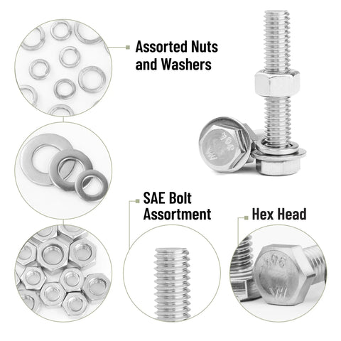 Heavy Duty Hex Head Nuts And Bolts Assortment Kit With 246 Pieces Stainless Steel Machine Screws Lock Washers Flat Washers For Home Fix Ups And Garage Days Built Tough, featuring assorted nuts and washers.