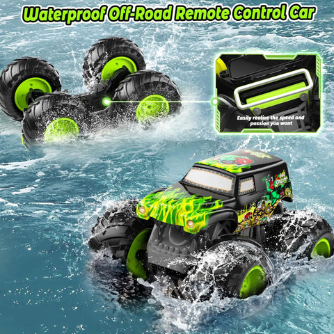 Amphibious RC Monster Truck With Self Balancing Wheelies For Kids 4WD All Terrain Waterproof Off Road Big Tire Toy Car on water