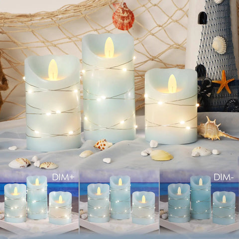 Bunny Flameless Candles With Remote Dope Glass Rabbit LED Candles For Home Decor Wedding Party Easter Holiday Thanksgiving Realistic Flicker Safe Easy Timer Pack Of 3 showcasing blue and white candles with shells and netting.