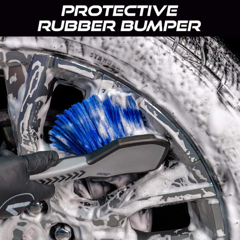 Ergonomic Wheel And Rim Cleaning Brush With Ultra Soft Bristles For Tires And Rims Rubber Lined Sides For A Firm Grip in use