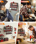 Power Tool Organizer With Built In Power Strip And 3 Outlets For Garage And Workshop in various settings with tools.