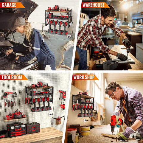 Power Tool Organizer With Built In Power Strip And 3 Outlets For Garage And Workshop in various settings with tools.
