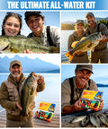 All In One Fishing Tackle Box With 128 Pieces Lures And Step By Step Handbook shown with anglers holding bass trophies in a scenic lake setting.