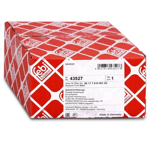Get Your Ride Running Smooth With This Febo Bilstein Flexible Coupling Kit For Propshaft Featuring German Engineering Quality And Precise 105Mm Fitment To Keep Your Rear Axle Squeak Free And Downtime At A Minimum For Auto Enthusiasts. Red Febi Bilstein flexible coupling kit box with BMW fitment label