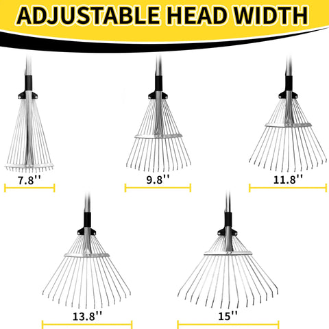 Heavy Duty Adjustable Leaf Rake With Extendable 33 To 69 Inch Handle And 8 To 15 Inch Expandable Head adjustment sizes