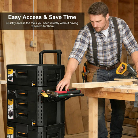 Woodworker using Foldable Magnetic Work Table For Tool Boxes And Garages Instant Side Workstation Space Saving Magnetic Surface
