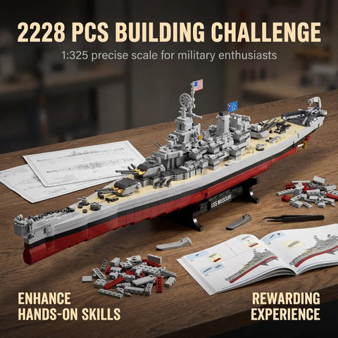 Epic World War II Battleship Building Blocks Kit 2228 Pieces on a table with scale model and instructions displayed