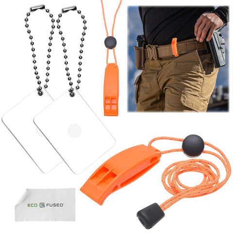 2X Survival Whistles With Lanyards And 2X Reflective Signal Mirrors, Grab-And-Go Rescue Kit For Hiking, Camping, Boating And Marine Use