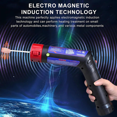 Handheld 1700W Heavy Duty Magnetic Induction Heater To Kick Loose Rusted Bolts Nuts Gears Quick One Hand Mini Auto Shop Thread Yanker Extractor Aluminum Box in use, heating metal components.