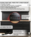 Massive Black Steel Rolling Tool Chest With 14 Deep Drawers And Full Extension Pegboard Back Panel showing power strip, USB ports, and rear connection.