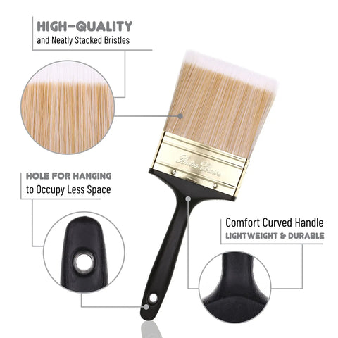 4 Inch Soft Tip Paint Brush For Walls And Trim With Pro Grade Synthetic Bristles, featuring a curved handle and hanging hole design.