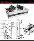 5 Axis CNC Vise Self Centering Fixture Clamp For Fast Centering In 3 4 5 Axis Machining High Precision 6 To 130 mm Clamping Range Detachable Jaws D52 Compatible, side view with measurements