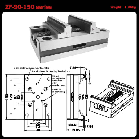 5 Axis CNC Vise Self Centering Fixture Clamp For Fast Centering In 3 4 5 Axis Machining High Precision 6 To 130 mm Clamping Range Detachable Jaws D52 Compatible, side view with measurements