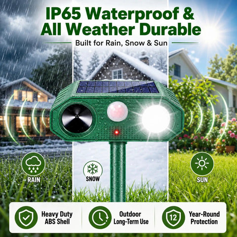 4 Pack Ultrasonic Outdoor Animal Deterrents With Solar Power Motion Sensor IP65 Waterproof Flashing Light, green ABS shell