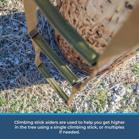 Ape Canyon Outfitters 3 Step Aider for Hunters and Arborists on a tree, showing steps and webbing for climbing, made in USA.