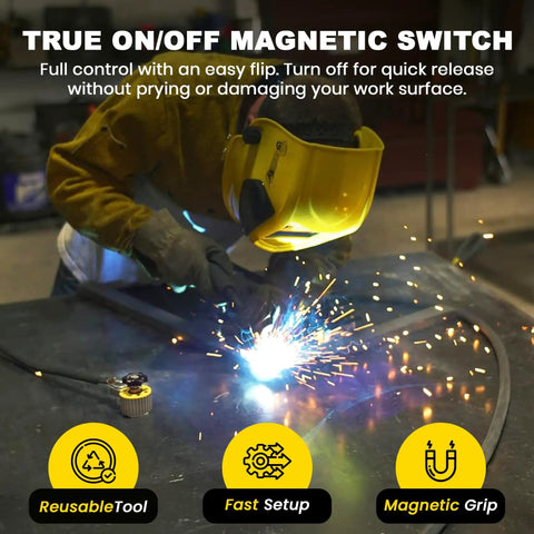 Welder using Magnetic Welding Ground Clamp Base Holder With 300 Amp Capacity Magswitch On Off Grounding Heavy Duty Clamp.