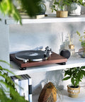 Audio-Technica At-Lpw50bt-Rw Manual Belt-Drive Turntable In Slick Rosewood With Bluetooth Wireless Tech on a shelf with plants.