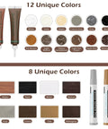 Professional Wood Furniture Repair Kit With Twelve Shade Fillers And Eight Touch Up Markers showing colors and tools for furniture repair.