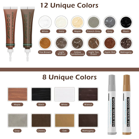 Professional Wood Furniture Repair Kit With Twelve Shade Fillers And Eight Touch Up Markers showing colors and tools for furniture repair.