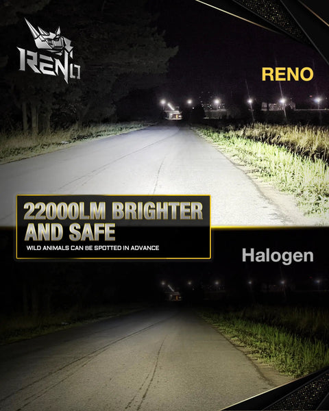 H1 Driving LED Fog Bulbs 6500K Crystal White 42000 Lumens Nasty Bright on dark road showing superior visibility compared to halogen.