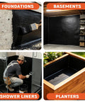Premium Top Shelf Rubber Silicone Foundation Sealant Black 35 Oz Tub applied to damp basement wall for moisture protection.